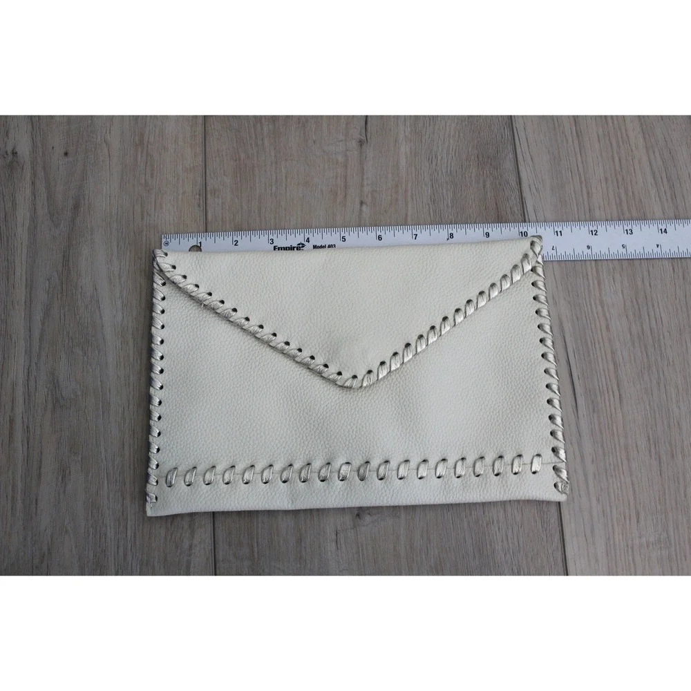 Laggo Cream Pebbled Leather Envelope Clutch Metallic Whipstitch‎ Detail Bag